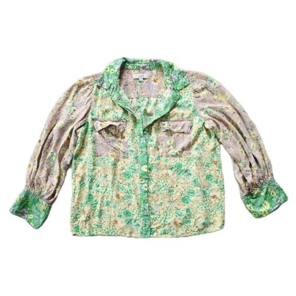 LOFT Utility Shirt Blouse Medium M Floral Crepe Boho Balloon Western Pastel